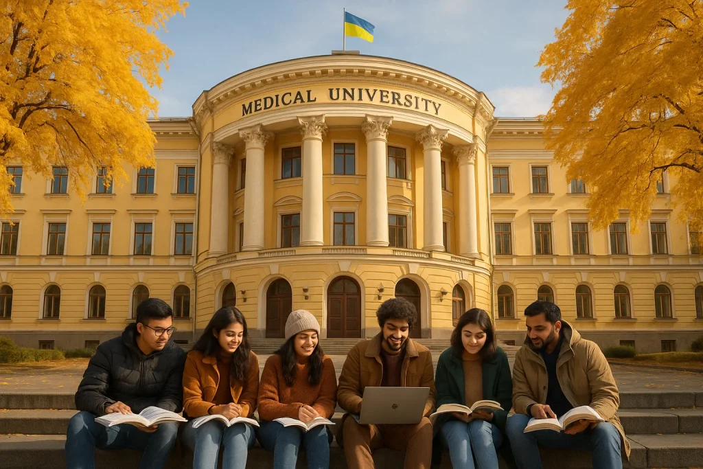 Indian medical students studying together at historic Ukrainian medical university building representing European MBBS education standards