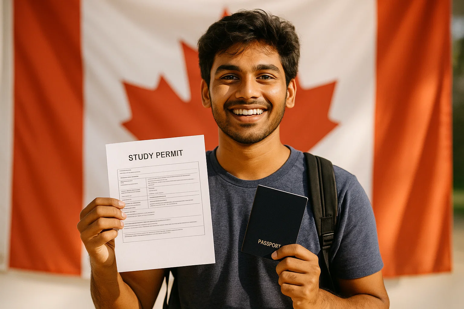 Smiling student holding a study permit and passport in front of a Canadian flag, wearing a dark blue T-shirt.