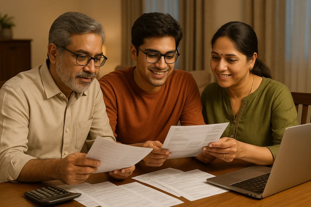 Indian student sitting with parents at a table, reviewing study permit documents together with a laptop and papers spread out