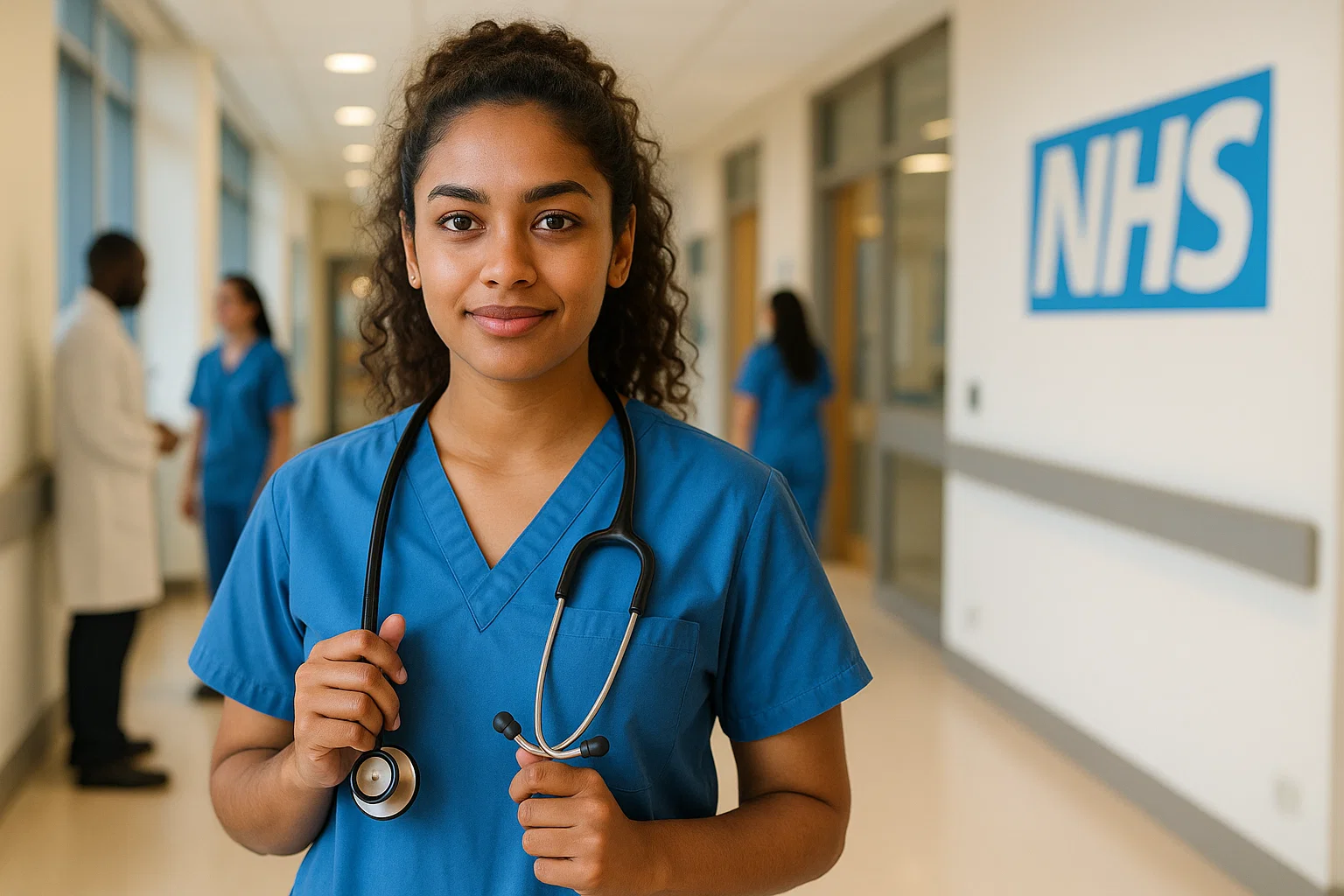 A young nurse in blue scrubs stands in a hospital hallway with a stethoscope around her neck.