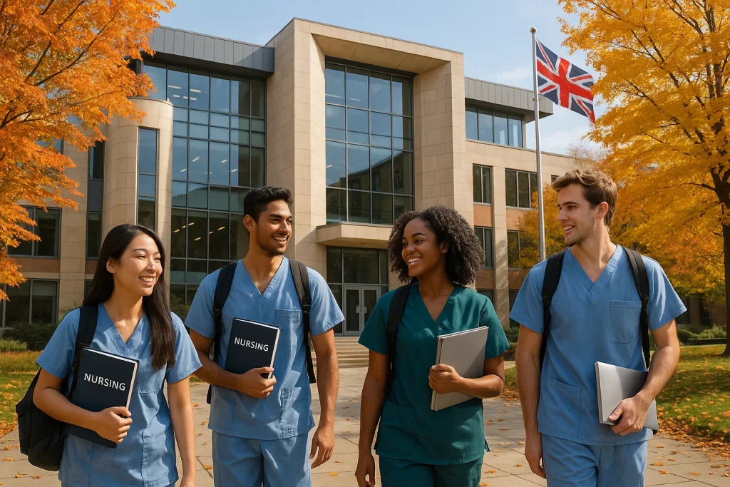 Four nursing students walking together on a campus with autumn trees and a UK flag in the background.