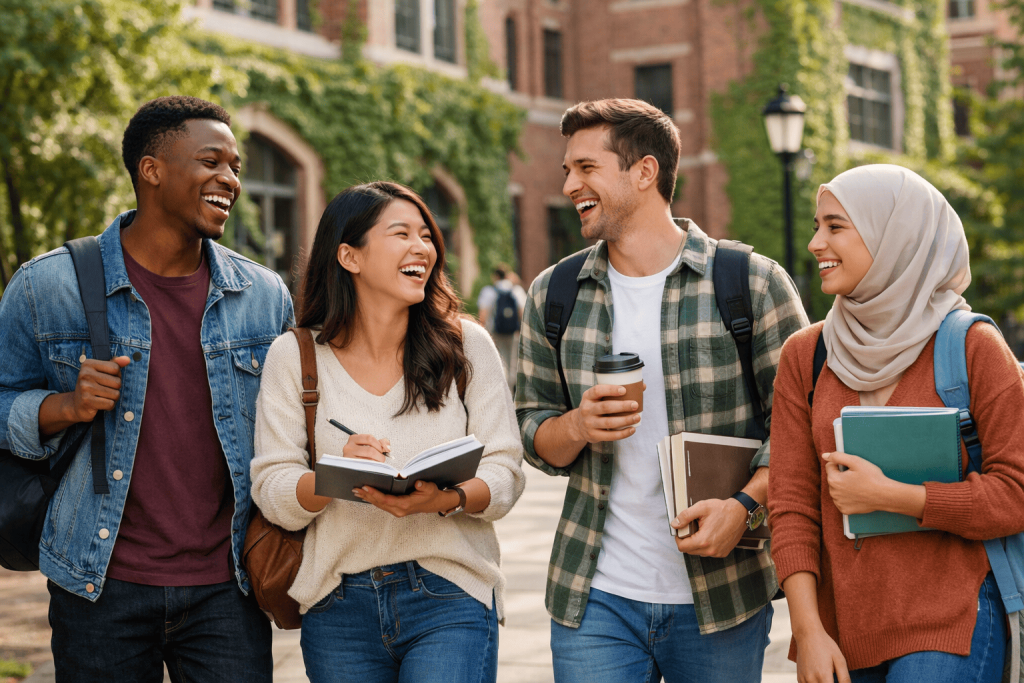 International students enjoying campus life while studying abroad