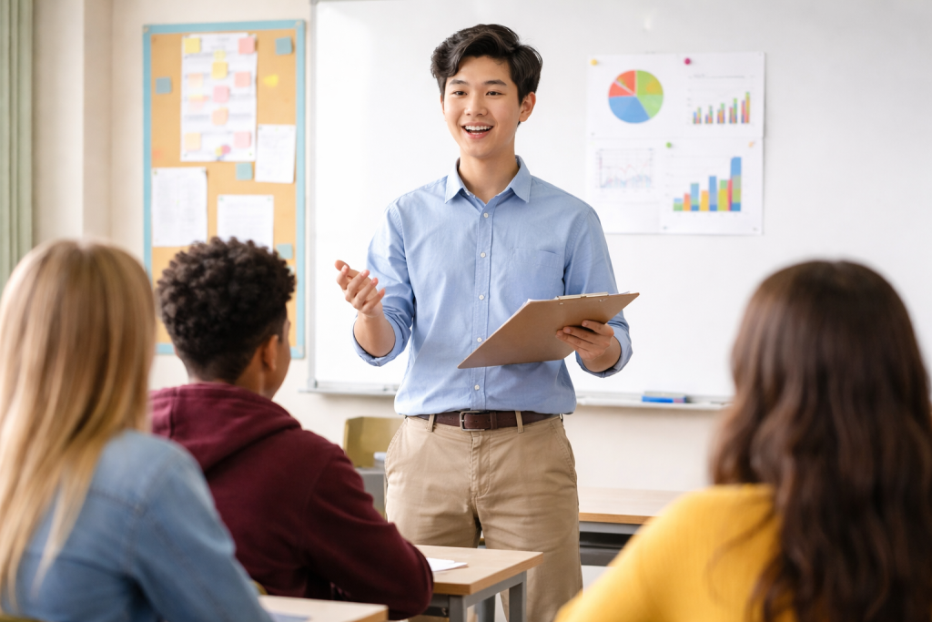 International student confidently speaking in class despite accent differences