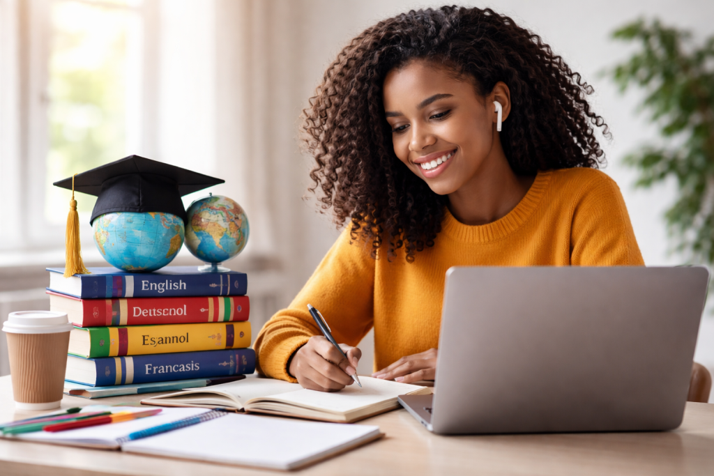 International student confidently improving English skills for academic success abroad