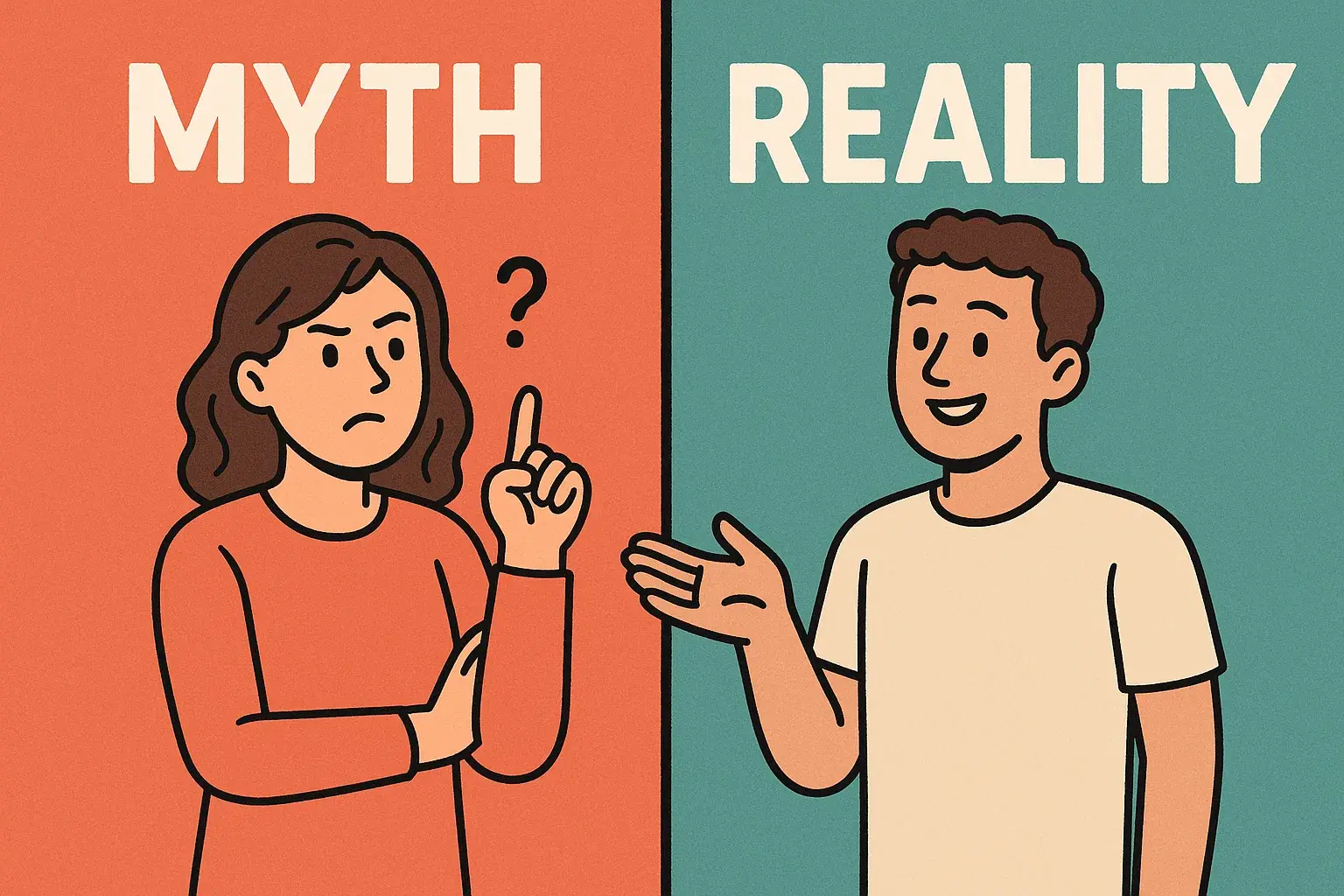 Illustration showing myth vs reality about English requirements for studying abroad
