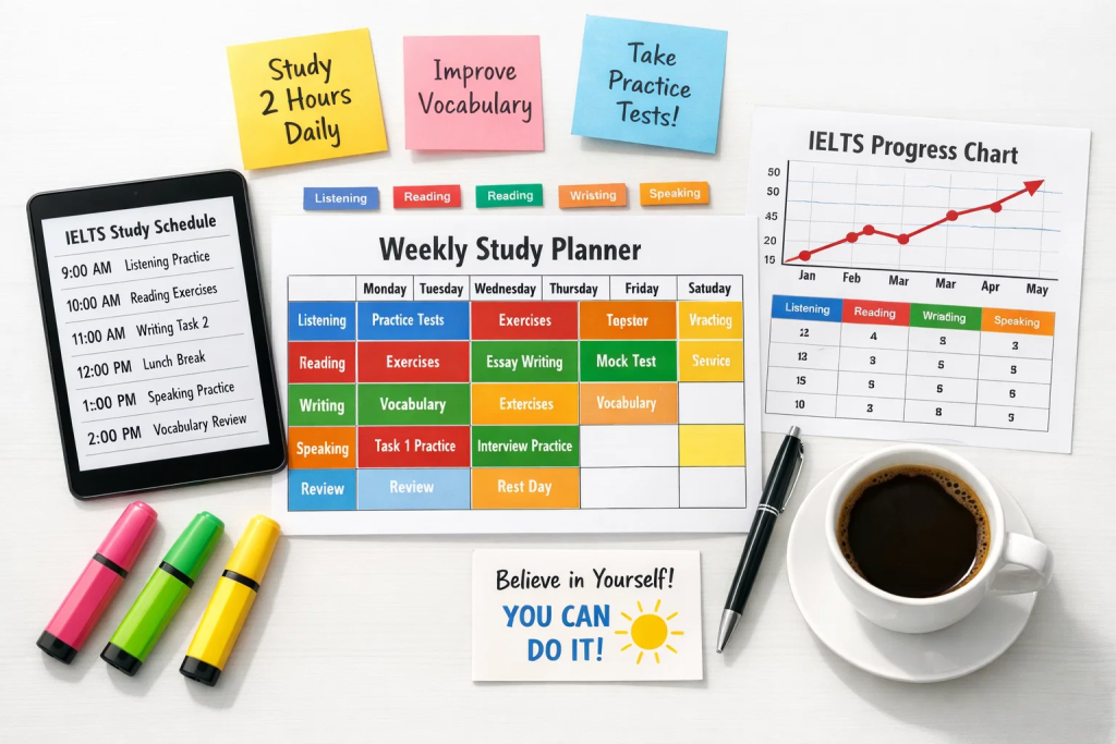 IELTS study plan calendar and organization materials showing structured weekly preparation schedule