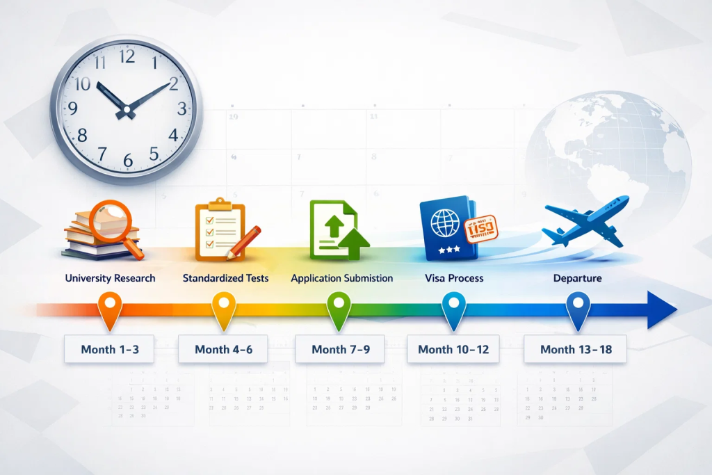 Foreign university application timeline showing 18-month preparation process from research to departure for Indian students