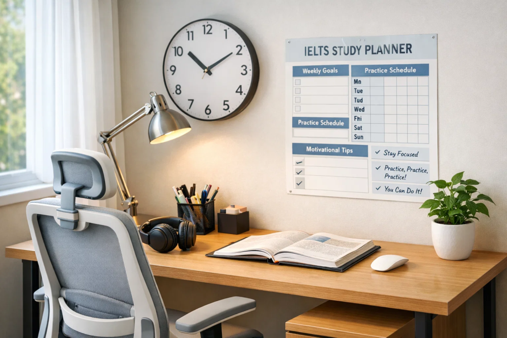 Well-organized home study environment with desk, lighting, and IELTS study materials for effective preparation