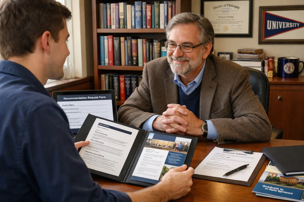 Indian student requesting letter of recommendation from professor for foreign university application with complete information package