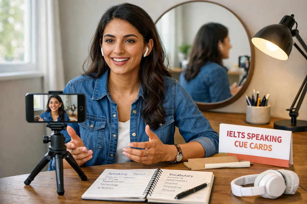 Student practicing IELTS speaking skills at home with smartphone recording and speaking cue cards for self-assessment