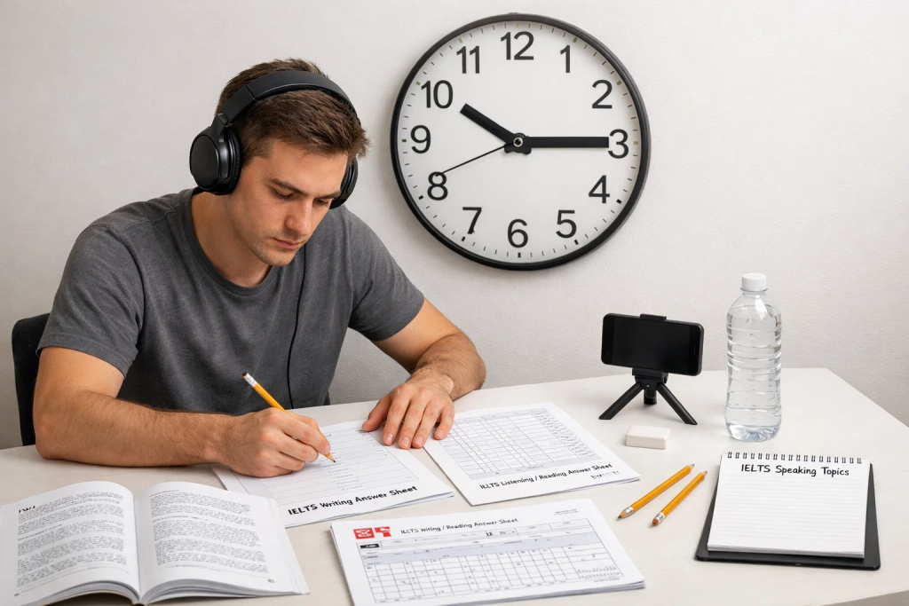 Complete IELTS practice test simulation at home with all four sections materials and timed test conditions