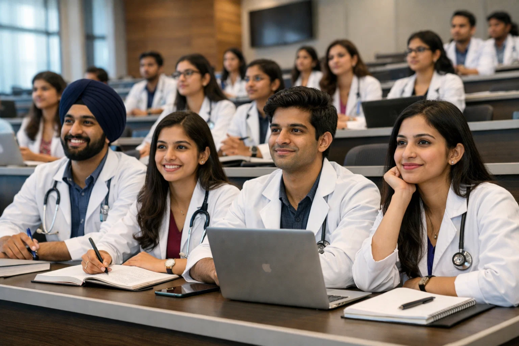 Indian students in modern international medical university lecture hall