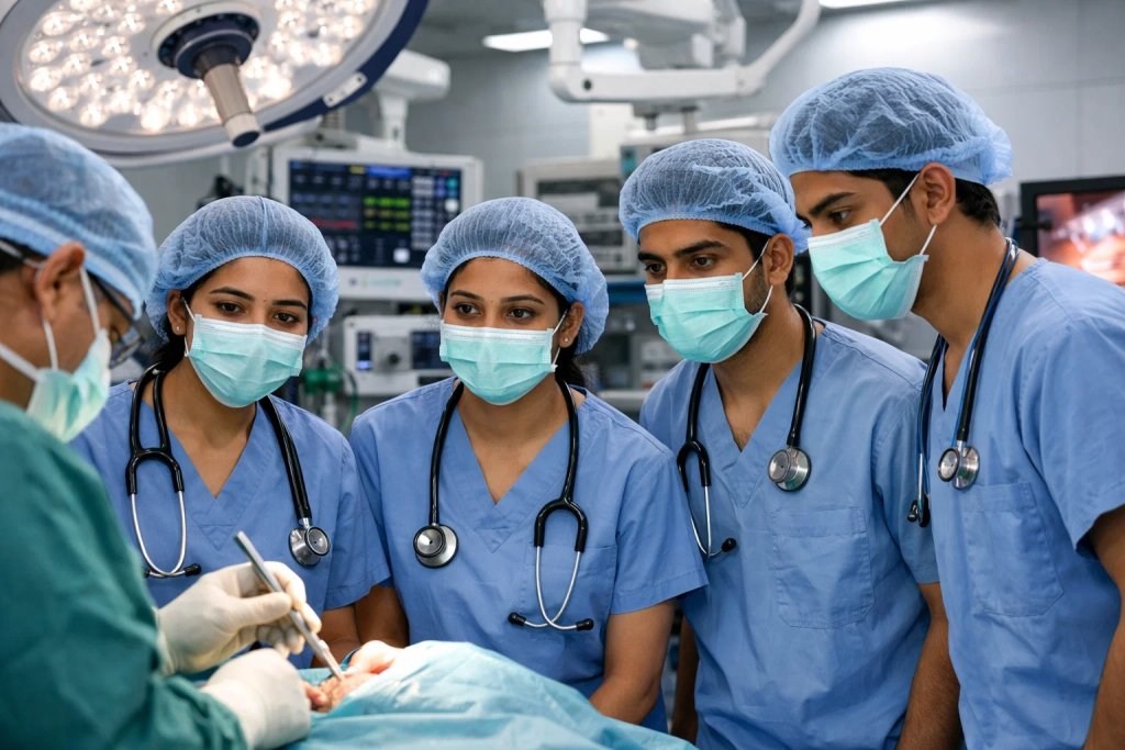 Medical students observing surgery in modern operation theater