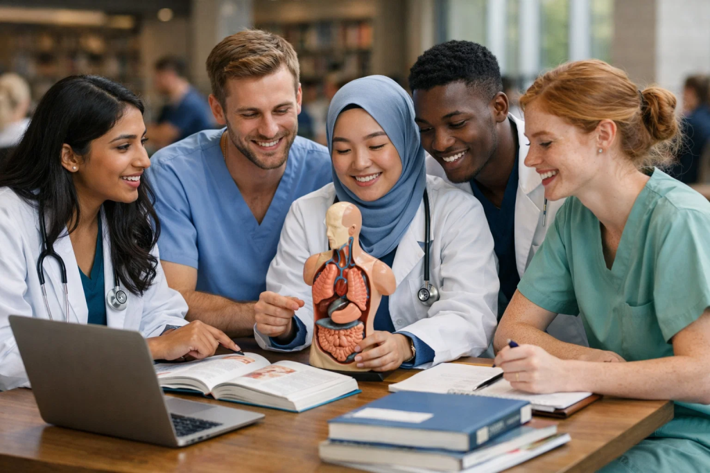 Diverse international medical students collaborating on project