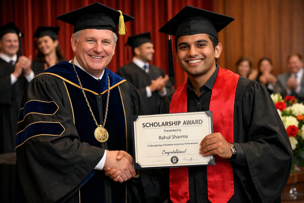 Student receiving scholarship certificate for MBBS abroad program