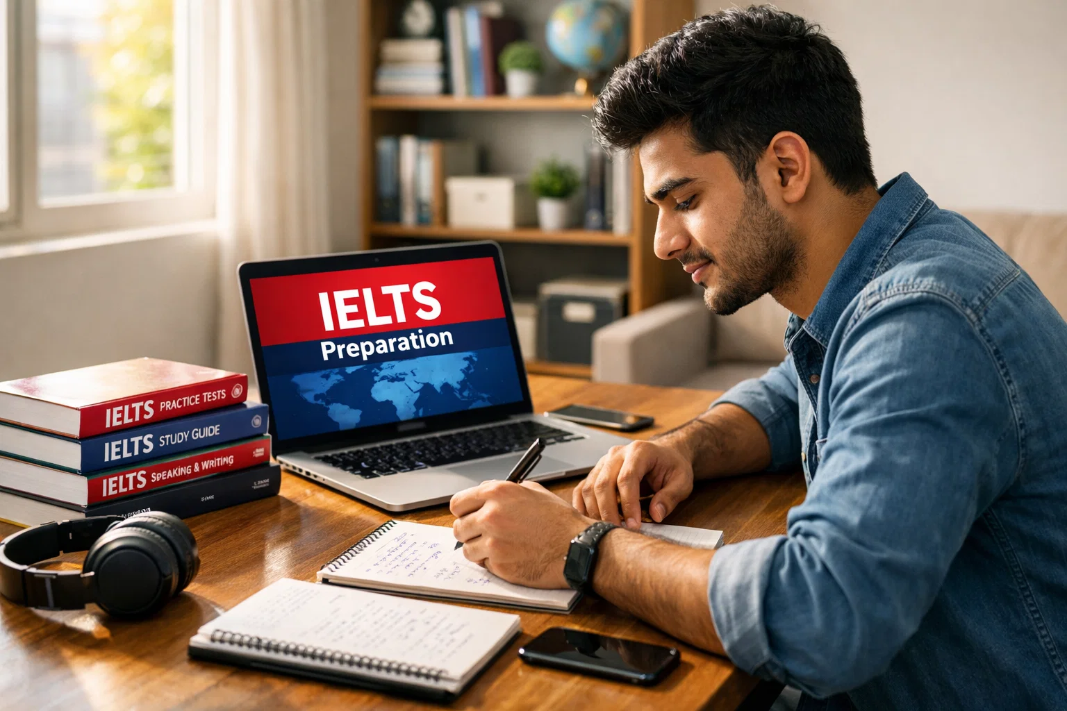 Indian student preparing for IELTS at home with study materials and laptop in organized study environment