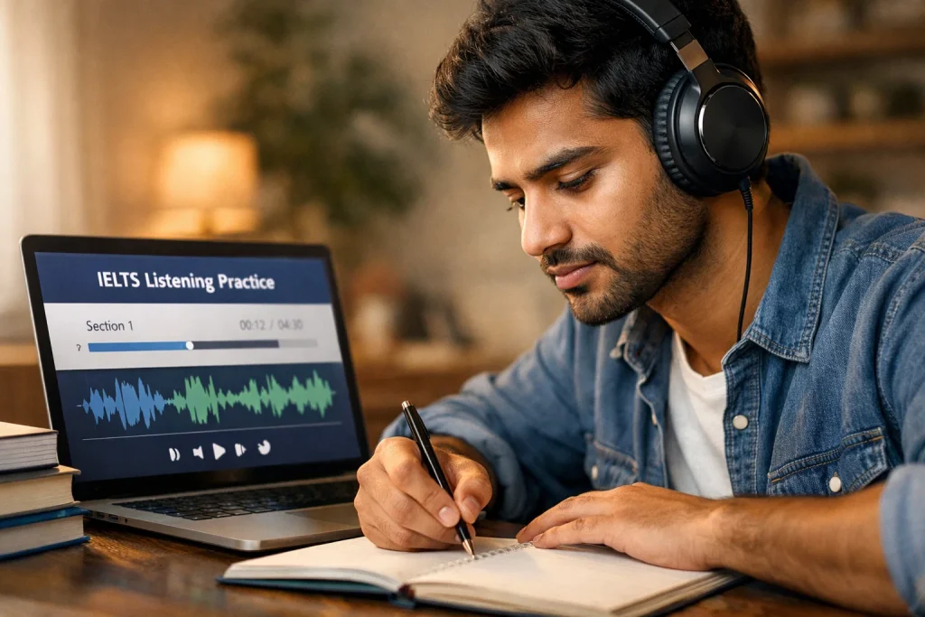 Student practicing IELTS listening skills at home with headphones and note-taking for test preparation