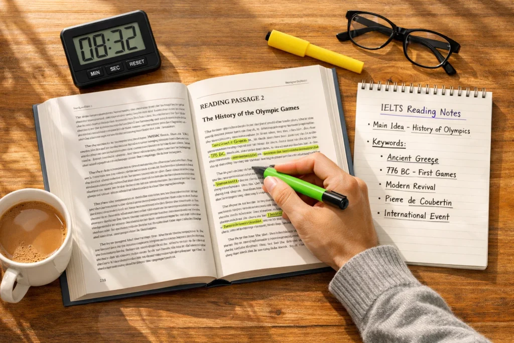 IELTS reading practice materials with highlighted passages, notes, and timer for time management skills