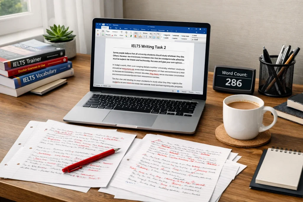 IELTS writing task preparation with laptop, essay drafts, grammar books, and study materials on organized desk