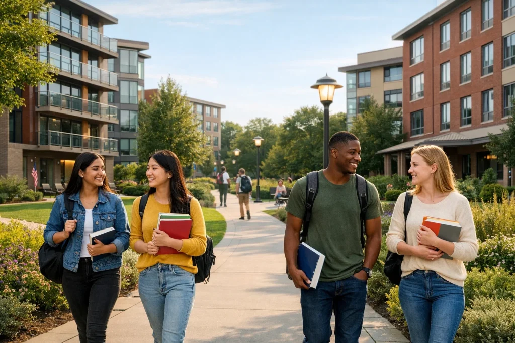 Safe secure international university campus with student dormitories