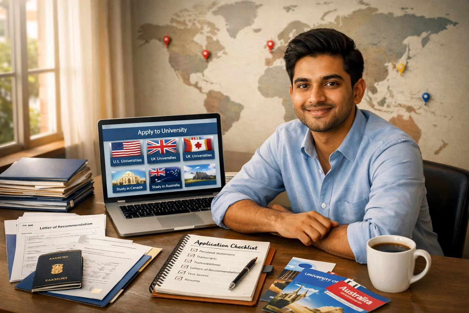 Indian student preparing foreign university with application documents