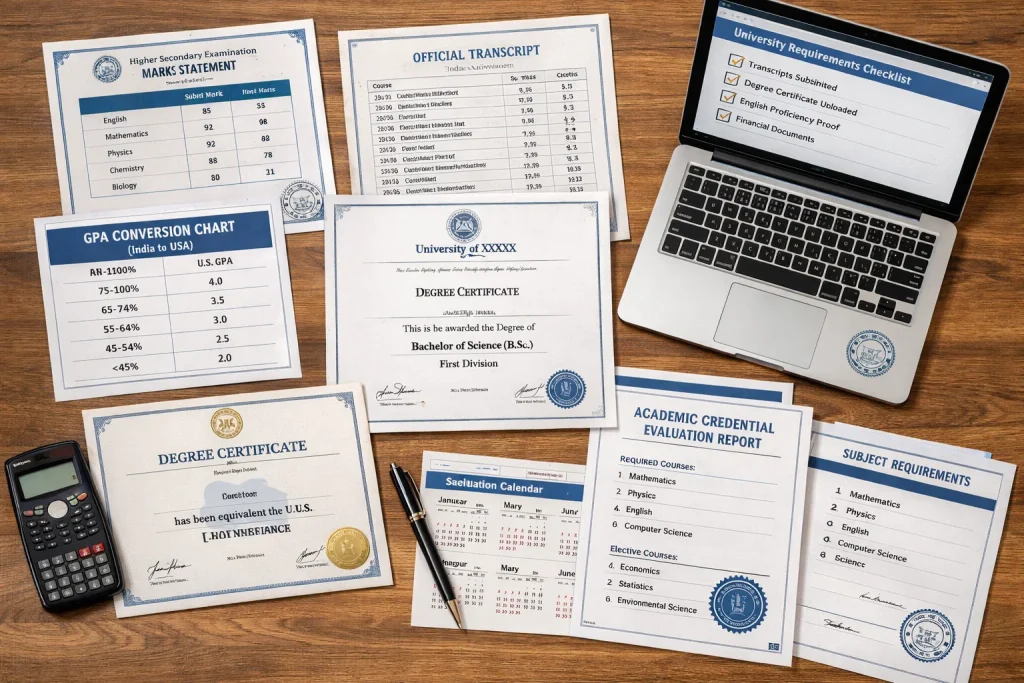 Academic documents for foreign university applications including Indian transcripts, degree certificates and GPA conversion charts