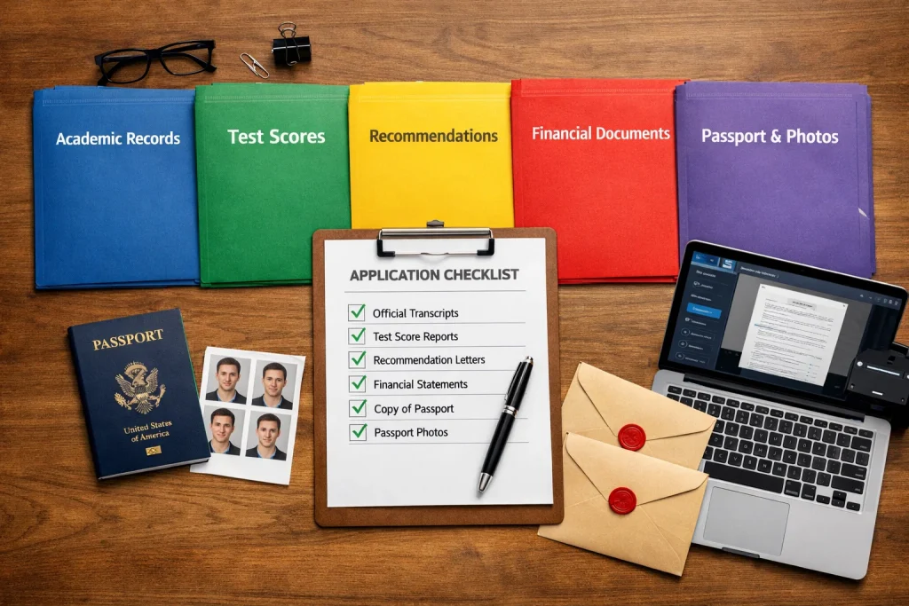 Organized essential documents for foreign university applications with categorized folders and comprehensive checklist system