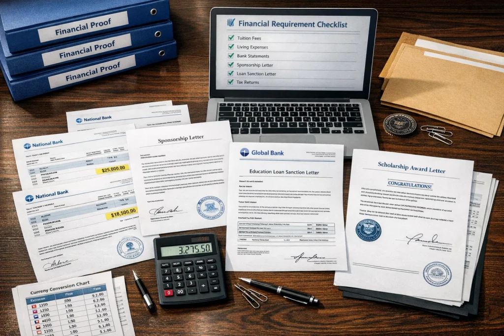 Complete financial documentation for foreign university visa including bank statements, sponsorship letters and education loan sanction certificates