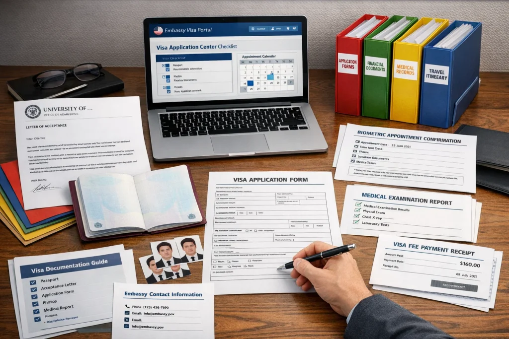 Student visa application materials including passport, university acceptance letter, visa forms and biometric appointment confirmation